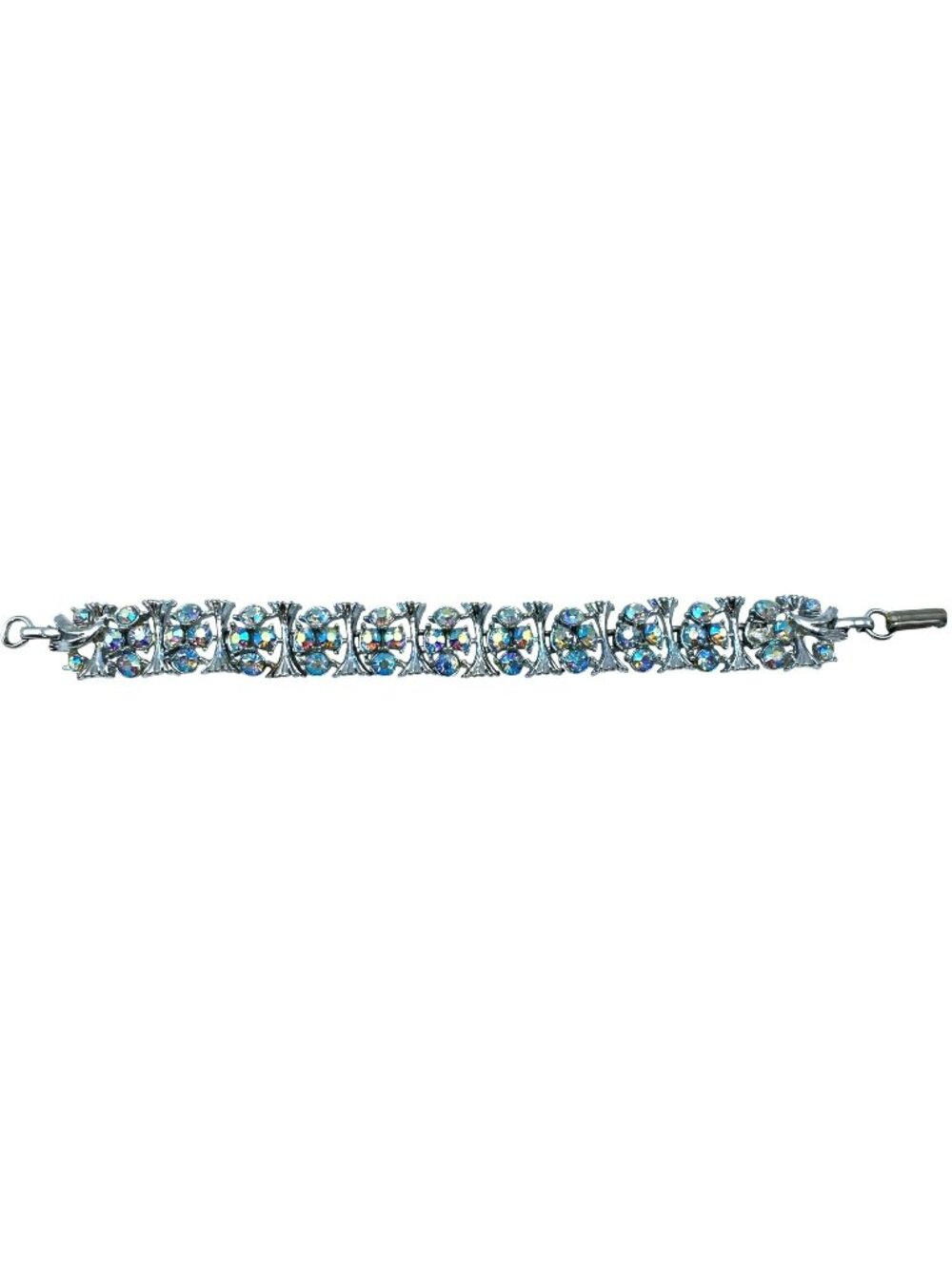 Aurora Borealis AB Vintage Rhinestone Bracelet Silver Tone 7.5" MCM 50's Coro?